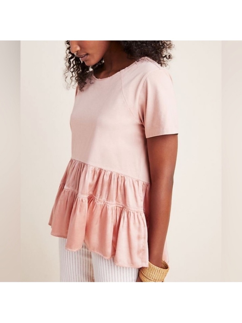 Anthropologie Babydoll Tiered Top Medium Mauve Pink Boho Short Sleeve Blouse